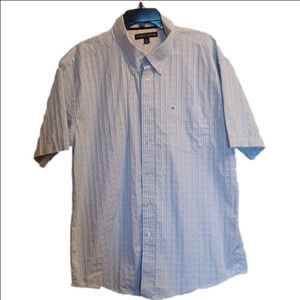 TOMMY HILFIGER, MENS, BLUE ,AND WHITE CHECKERED, BUTTON UP SHORT SLEEVE …
